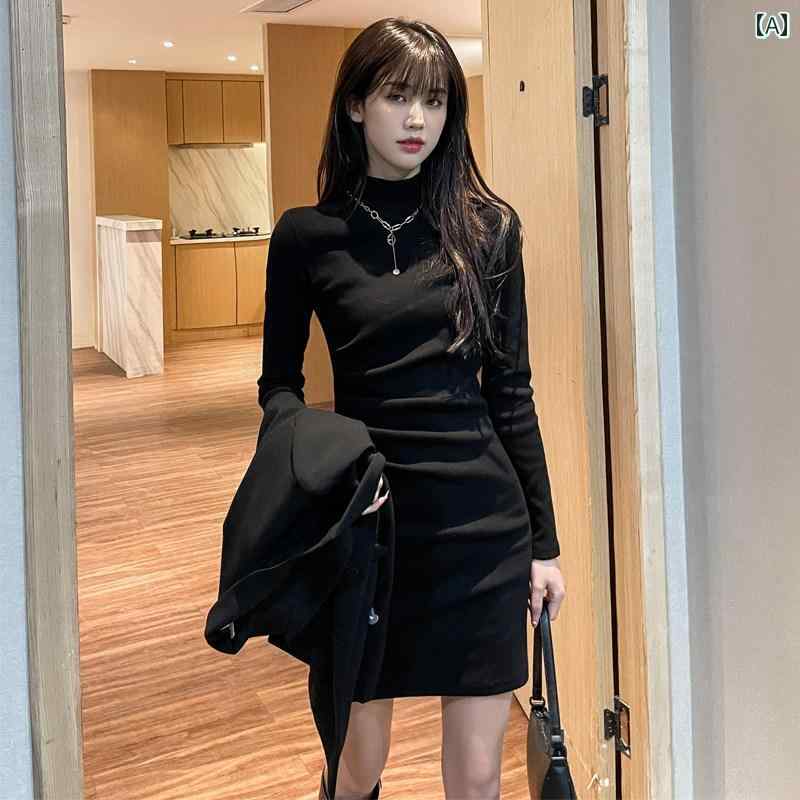 乐天商城 - レディース ファッション 春夏 秋冬 かわいい オシャレ 韓国 ハイネック ベース ドレス スタイル コート 重ね着黒 ボディコン スカート 合わせた スリムフィット ニット ドレス