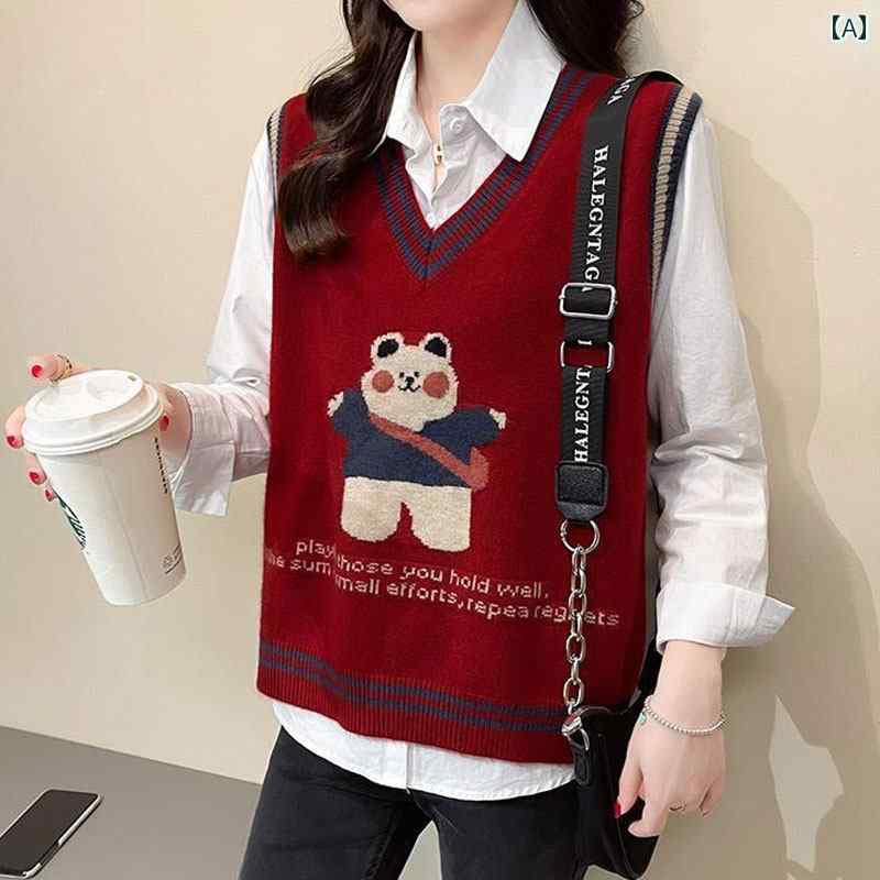 Rakuten - レディース ファッション 春夏 秋冬 かわいい オシャレ 韓国 ニット　ベア　ベスト　フィット　レッド　アウターウェア