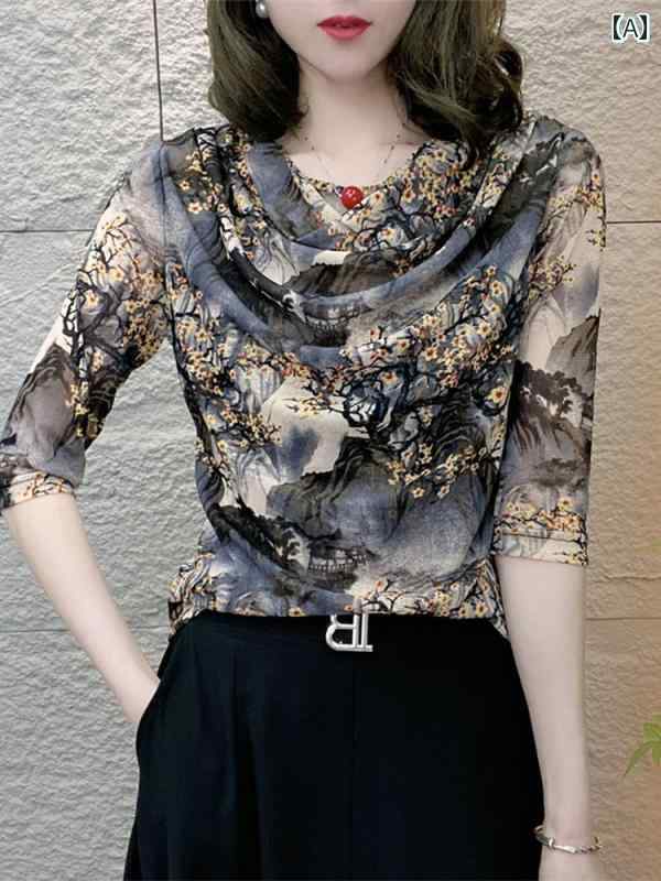 レディース ファッション 春夏 秋冬 かわいい オシャレ 韓国 スタイリッシュ　ストレッチメッシュ　ランドスケープ　プリント　ミドル　スリーブ　ブラウス　タートルネック　ぴったり　着　映え　スリムトップス