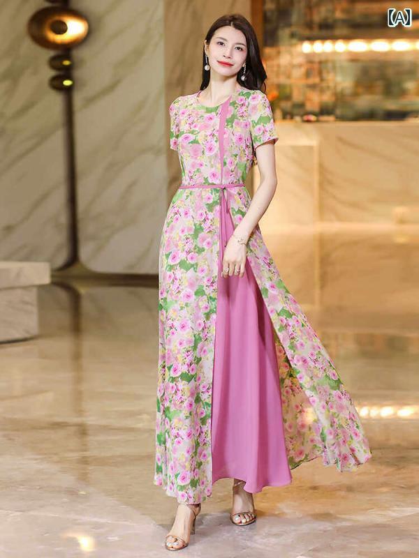 レディース ファッション 春夏 秋冬 かわいい オシャレ 韓国 ぴったり　花柄　シフォンプリント　施　高級感が　スリム　ツーピース　ドレス