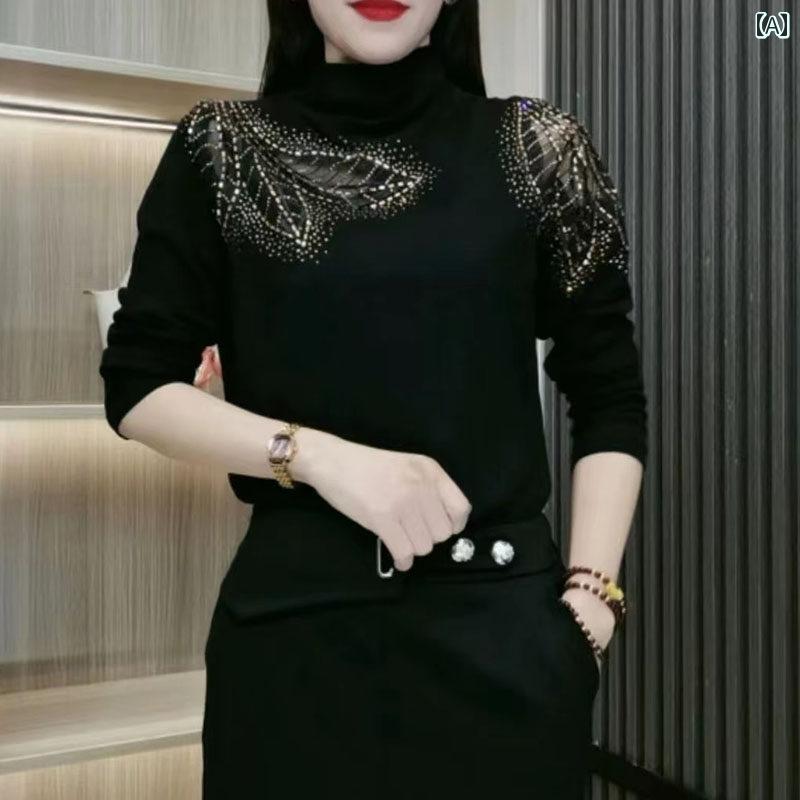 レディース ファッション 春夏 秋冬 かわいい オシャレ 韓国 ハイネック　ゴールド　ラインストーン　装飾　スリムフィット　柔らかい　生地　長袖　美しい　シルエットが　特徴　トップス