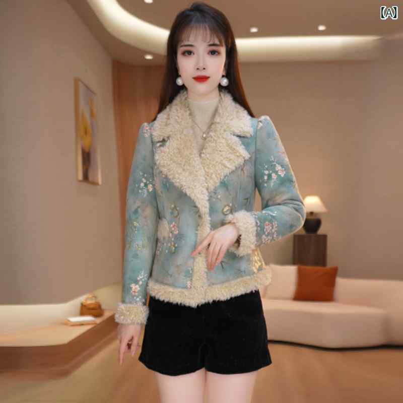 Rakuten - レディース ファッション 春夏 秋冬 かわいい オシャレ 韓国 女性　アメリカン　　プリント　シアリング　コート　風　フリース　裏地　　厚手　ショート