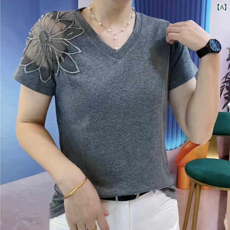 レディース ファッション 春夏 秋冬 かわいい オシャレ 韓国 Vネック 半袖 くり抜き テクスチャ ストレッチ 快適 スタイリッシュ お姫様 ベース レイヤー トップ T シャツ ブラウス