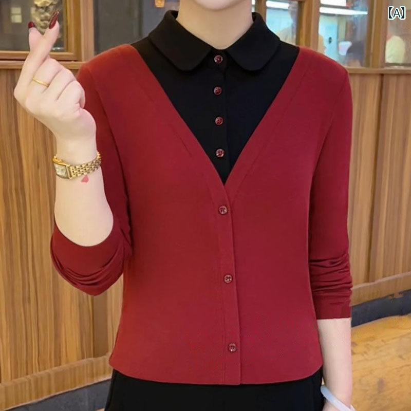Rakuten - レディース ファッション 春夏 秋冬 かわいい オシャレ 韓国 シック　カジュアル　若々しく　快適　厳選　ツーピース　パッチワーク　長袖　T　シャツ　スリム　カラー