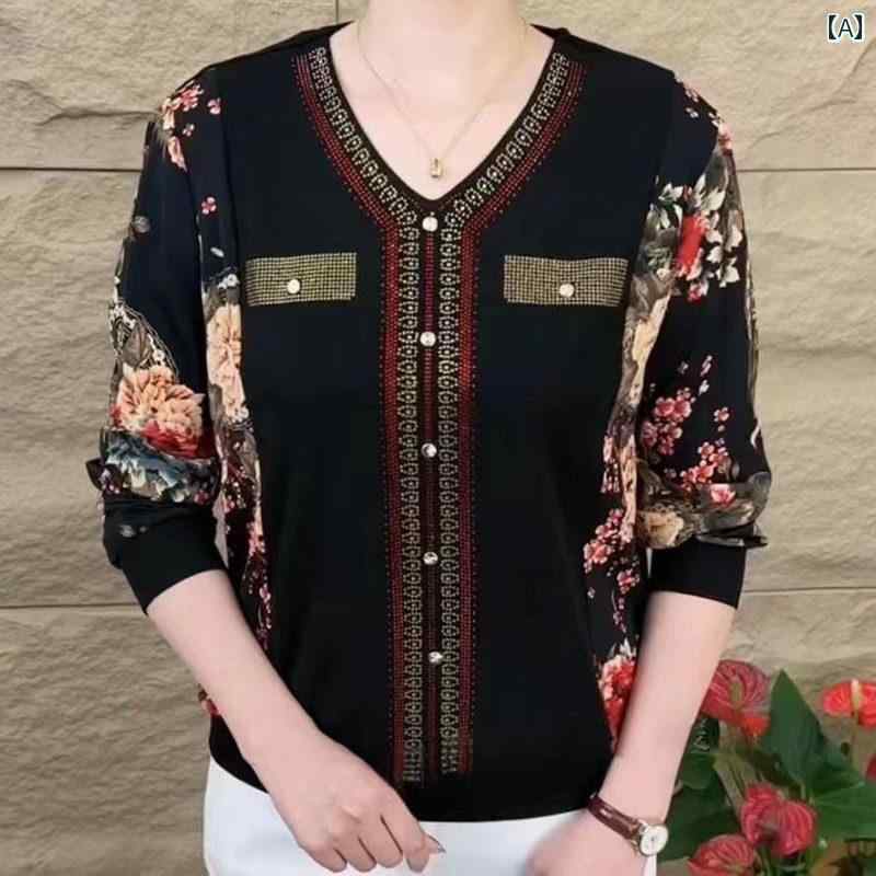 レディース ファッション 春夏 秋冬 かわいい オシャレ 韓国 シック Vネック ラインストーン ホット スタンプ 服装 エレガント スリム 長袖 トップス T シャツ ブラウス