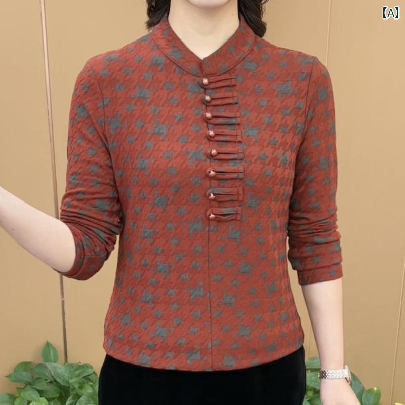 Rakuten - レディース ファッション 春夏 秋冬 かわいい オシャレ 韓国 レトロ　スタンドカラー　シック　ボタン　プリント　長袖　フリー　ストップス