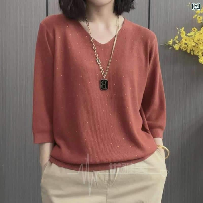 乐天商城 - レディース ファッション 春夏 秋冬 かわいい オシャレ 韓国 カジュアル　スタイリッシュ　ミドル　スリーブ　ニット　セーター　シンプル　フィット　無地　Vネックプルオーバー　通勤　T　シャツ