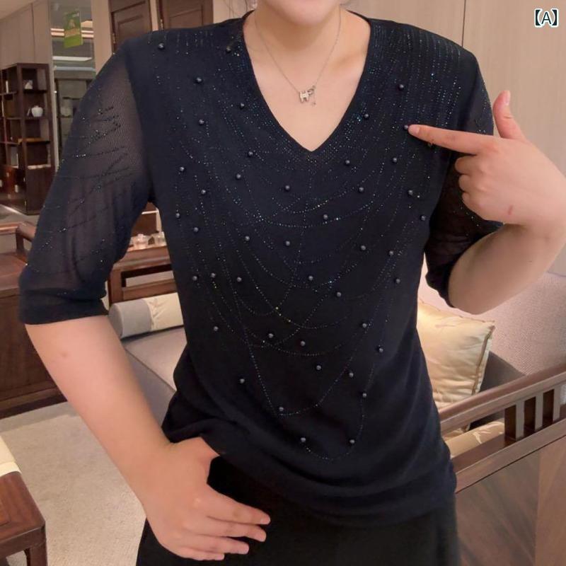 乐天商城 - レディース ファッション 春夏 秋冬 かわいい オシャレ 韓国 ビーズ　ラインストーン　ニットウェア　若々しく　スリミング　T　シャツ　長袖　Vネックトップス　ウェア