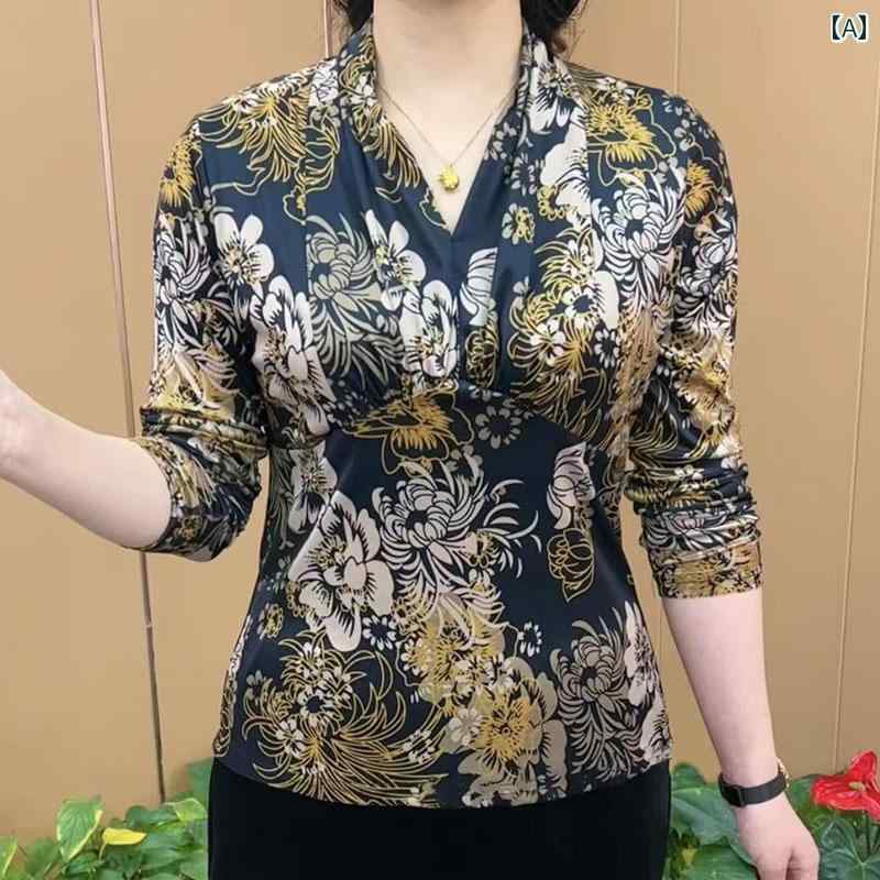 レディース ファッション 春夏 秋冬 かわいい オシャレ 韓国 シック Vネック プリント エレガント スリムフィット 長袖 ベース レイヤー トップT シャツ