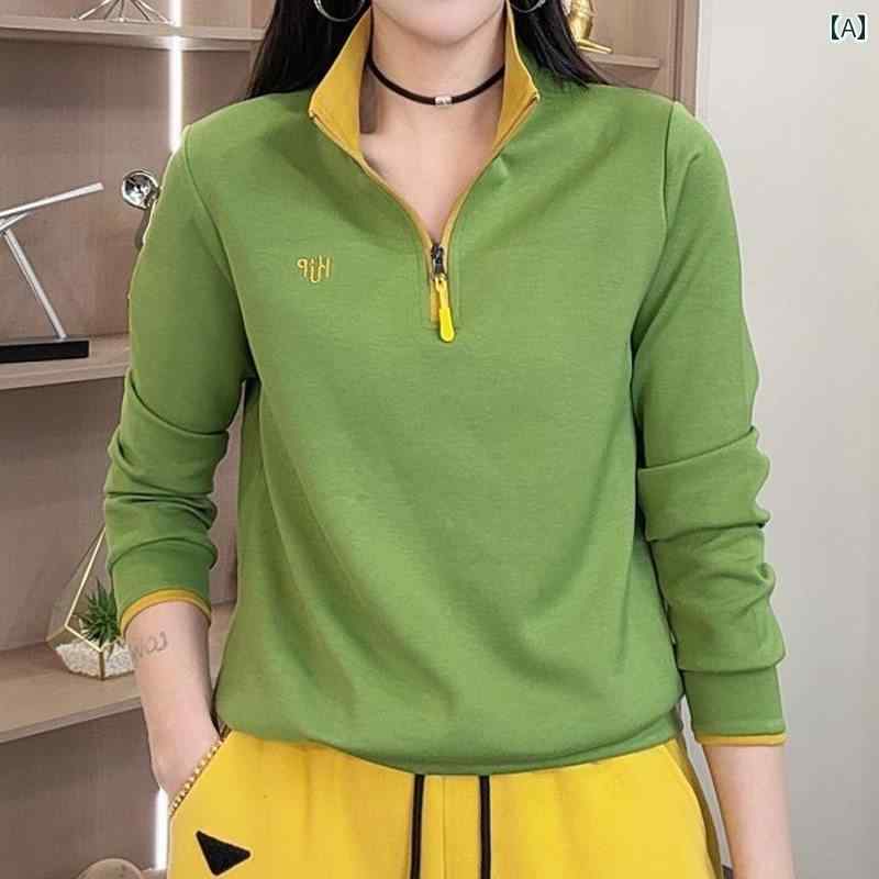 レディース ファッション 春夏 秋冬 かわいい オシャレ 韓国 カジュアル　スリムフィット　入り　ブラウス　ハーフ　ジッパー　ロングスリーブ　トップス