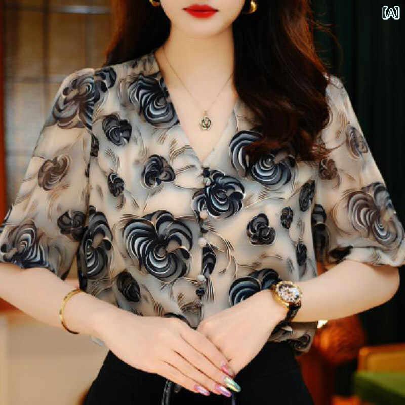 レディース ファッション 春夏 秋冬 かわいい オシャレ 韓国 通気性 Vネック プリント トップス T シャツ ブラウスし スリム 見せ 最適