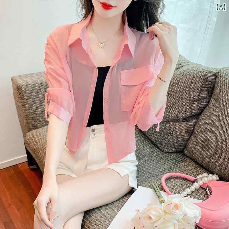 レディース ファッション 春夏 秋冬 かわいい オシャレ 韓国 日焼け防止　服　シャツ　キャミソール　ベスト　ツーピース　スーツ　スーパー　フェアリー　ドローストリング　スリーブ　薄手　シフォンシャツ