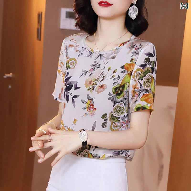 レディース ファッション 春夏 秋冬 かわいい オシャレ 韓国 半袖　T　シャツ　フィット　感　レトロ　プリント　エレガント　エスニック　若々しいお母さん　涼しく　快適　トップス