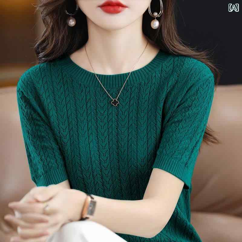 樂天商城 - レディース ファッション 春夏 秋冬 かわいい オシャレ 韓国 冷感　半袖　T　シャツ　スリムフィット　セクシー　快適　ベース　レイヤー　ニット　トップ　薄型