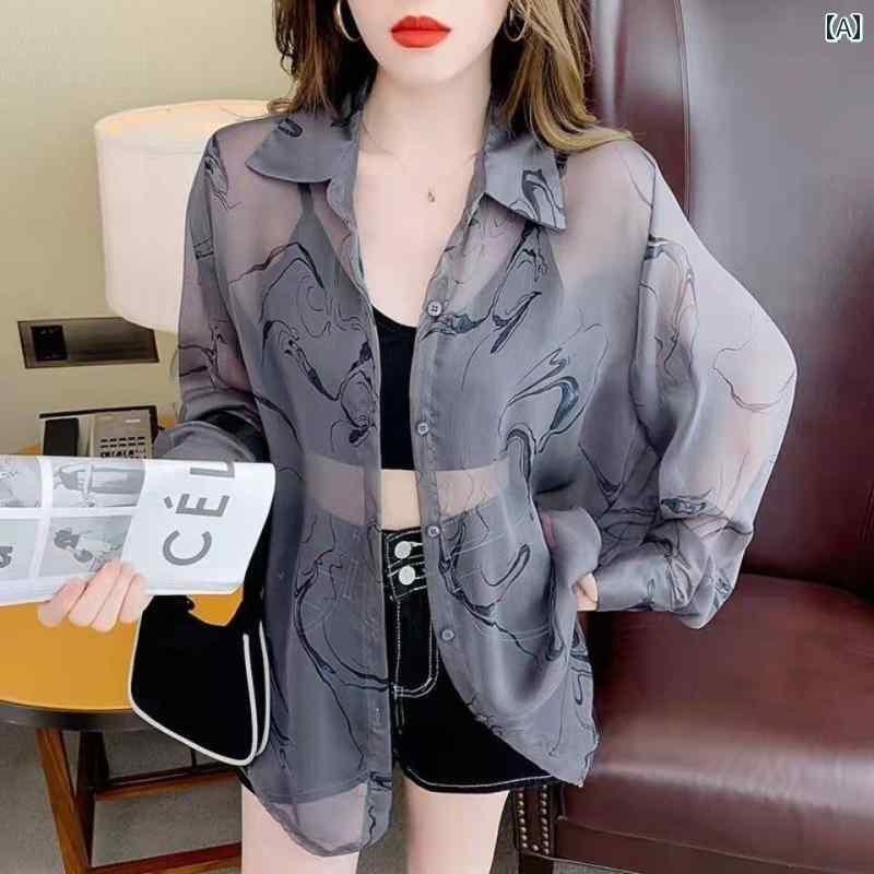 レディース ファッション 春夏 秋冬 かわいい オシャレ 韓国 日焼け防止　服　フィット　薄手　プリント　スタイリッシュ　シフォンシャツ