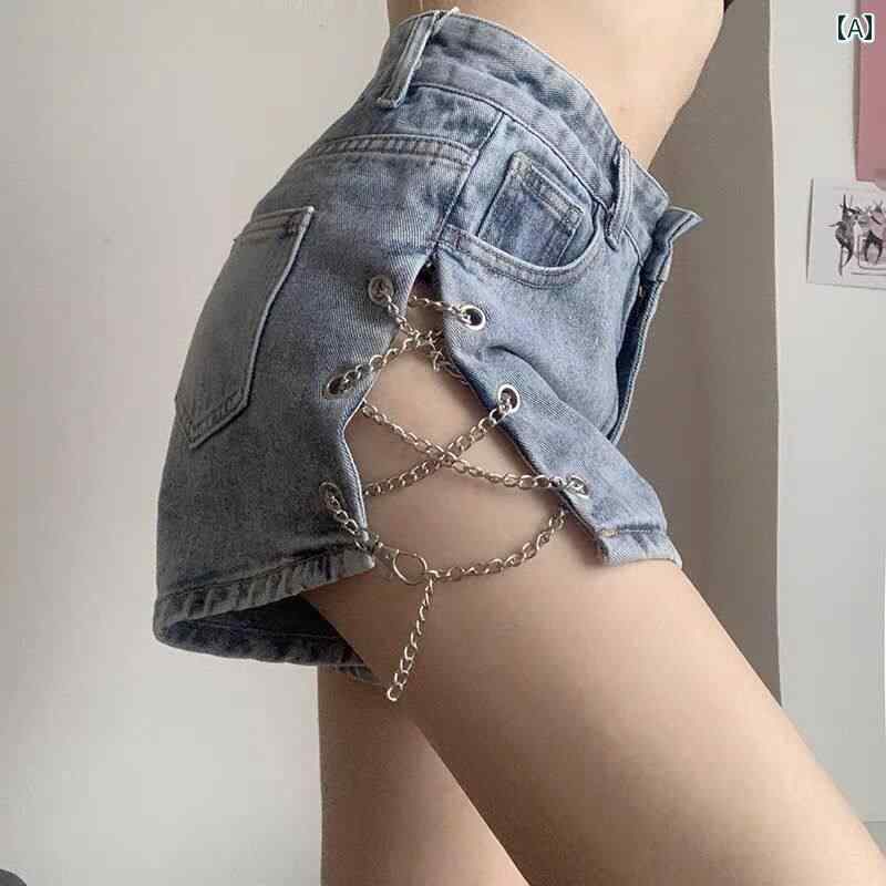 Capri Pants - レディース ファッション 春夏 秋冬 かわいい オシャレ 韓国 女性　大きめ　サイズ　チェーン　デニムショートパンツ　女子　スリット入り　ハイウエスト　ホット　パンツ　アメリカ　ハンカチ