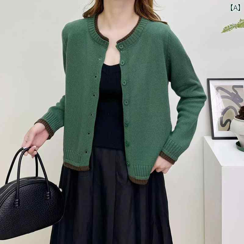 レディース ファッション 春夏 秋冬 かわいい オシャレ 韓国 シンプル　グリーン　ラウンドネックニットカーディガン　フィット　感　長袖　コート　カジュアル　フェイク　ツーピース　トップ