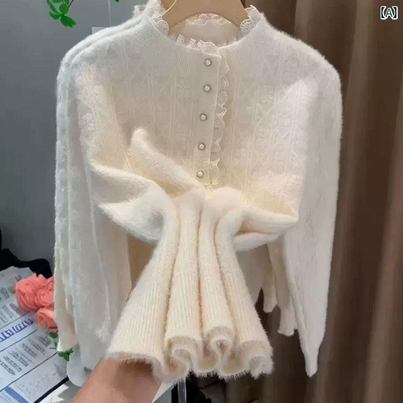 Rakuten - レディース ファッション 春夏 秋冬 かわいい オシャレ 韓国 白色　タートルネック　レース　ビーズ　セーター　高級　ニットウェア　エレガント　インナートップ