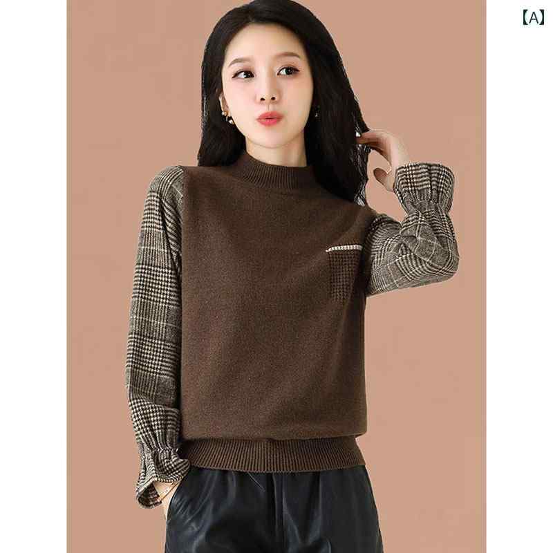 Rakuten - レディース ファッション 春夏 秋冬 かわいい オシャレ 韓国 パッチワーク　チェック柄　スリーブ　フェイク　ツーピース　ニット　トップス　フィット　スリミング　快適　スタイリッシュ　カジュアル
