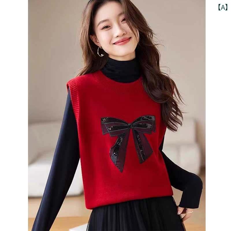 レディース ファッション 春夏 秋冬 かわいい オシャレ 韓国 スパンコール ニット ベスト 早新 レッド 快適 トップス