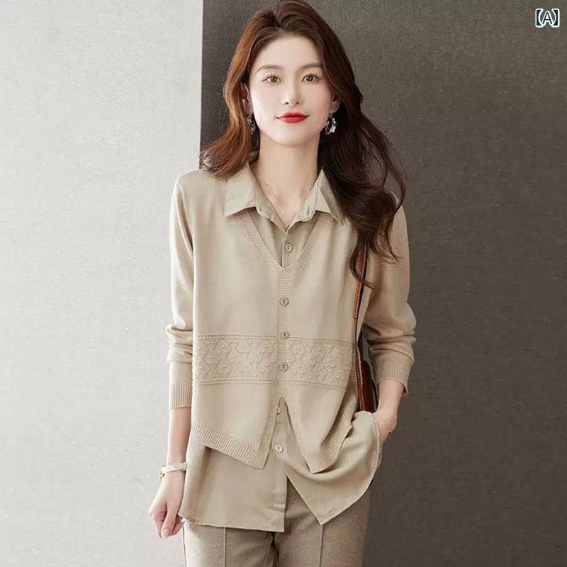 乐天商城 - レディース ファッション 春夏 秋冬 かわいい オシャレ 韓国 シャツ　カラー　パッチワーク　ニット　セーター　フィット　スリミング　快適　フェイク　ツーピース　トップベース　レイヤー