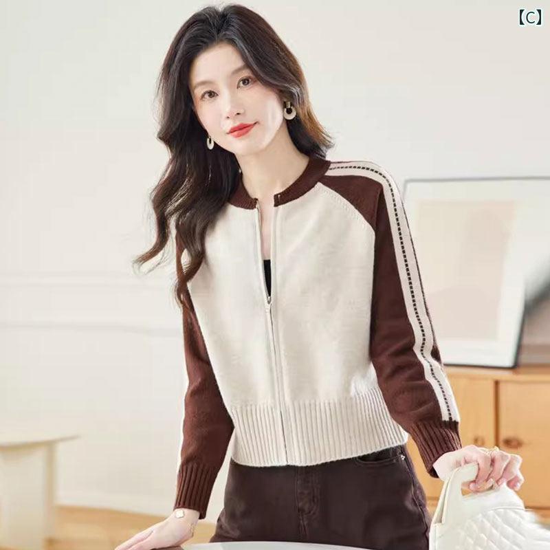 レディース ファッション 春夏 秋冬 かわいい オシャレ 韓国 新　ニットカーディガン　ショート　丈　ラウンドネック　シンプル　快適　ベースボール　ジャケット