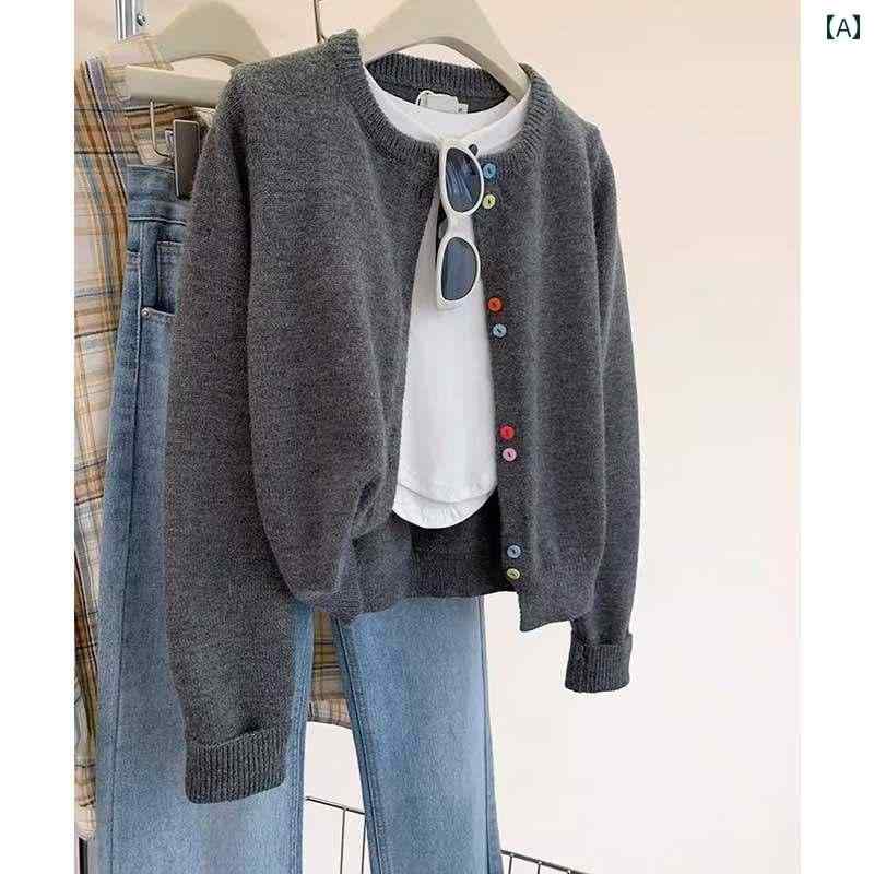 Rakuten - レディース ファッション 春夏 秋冬 かわいい オシャレ 韓国 グレー　ニットカーディガン　風　セーター　ジャケット　ショート　トップ