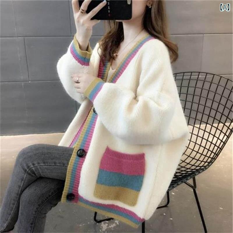 レディース ファッション 春夏 秋冬 かわいい オシャレ 韓国 セーター　カーディガン　フィット　カラー　ブロック　コート　リラックス　ニットカーディガン