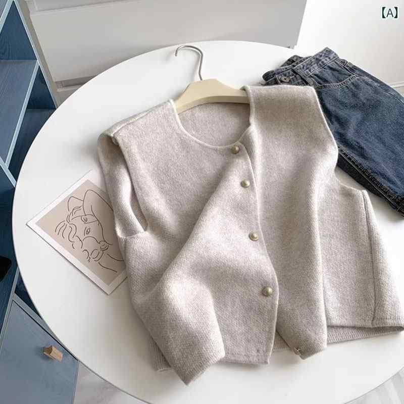 レディース ファッション 春夏 秋冬 かわいい オシャレ 韓国 小さい　金　ボタン　フレンチ　セーター　ベスト　ラウンドネック　フィット　感　優しい　重ね着　スリミング　ニット