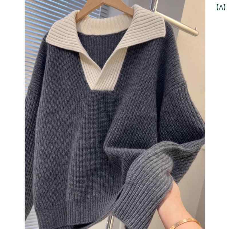 レディース ファッション 春夏 秋冬 かわいい オシャレ 韓国 襟　　カラー　ブロック　ニット　セーター　フィット　感　高級感が　快適　カジュアル　スリムトップス