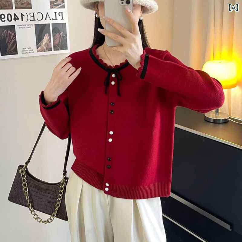 レディース ファッション 春夏 秋冬 かわいい オシャレ 韓国　ニットカーディガン　リボン＆　レース　トリム　シック　トップス