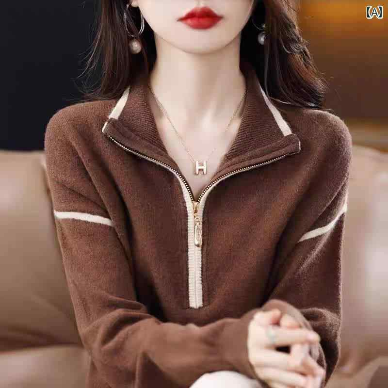 乐天商城 - レディース ファッション 春夏 秋冬 かわいい オシャレ 韓国 セーター　適　プルオーバー　ジップアップ　トップ　ニット　ベース　レイヤー