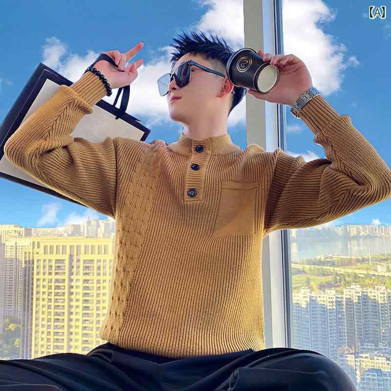 Rakuten - メンズ ファッション 春夏 秋冬 かっこいい オシャレ モテ 男性用 紳士服 服 韓国 シンプル 大人 ハイネック　セーター　ポロ　カラー　ニットウェア　長袖　トップス　厚手　ベース　レイヤー