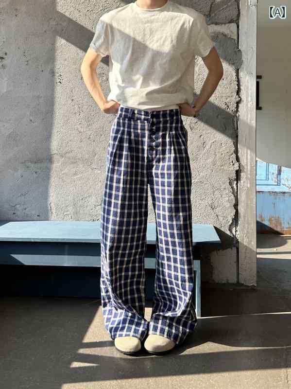 樂天商城 - メンズ ファッション 春夏 秋冬 かっこいい オシャレ モテ 男性用 紳士服 服 韓国 シンプル 大人 　アメリカン　レトロ　チェック柄　ボタン　ダウン　カジュアル　パンツ　女兼　フィット　スポーティ　ストレート　レッグ　ワイド　レッグ　ロング　パンツ　薄手