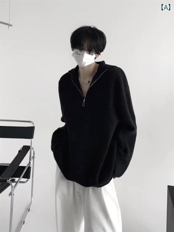 樂天商城 - メンズ ファッション 春夏 秋冬 かっこいい オシャレ モテ 男性用 紳士服 服 韓国 シンプル 大人 レトロ　ハーフ　ジップ　フード　セーター　　ソリッドカラー　オーバー　サイズ　ハイエンド　セーター　ジャケット