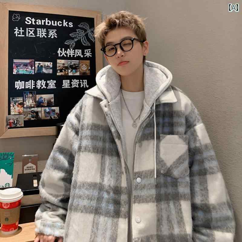 Rakuten - メンズ ファッション 春夏 秋冬 かっこいい オシャレ モテ 男性用 紳士服 服 韓国 シンプル 大人 フェイク　ツーピース　チェック柄　ウール　コート　フード　アメリカン　レトロ小　フレグランス　ショート　コート　ジャケット