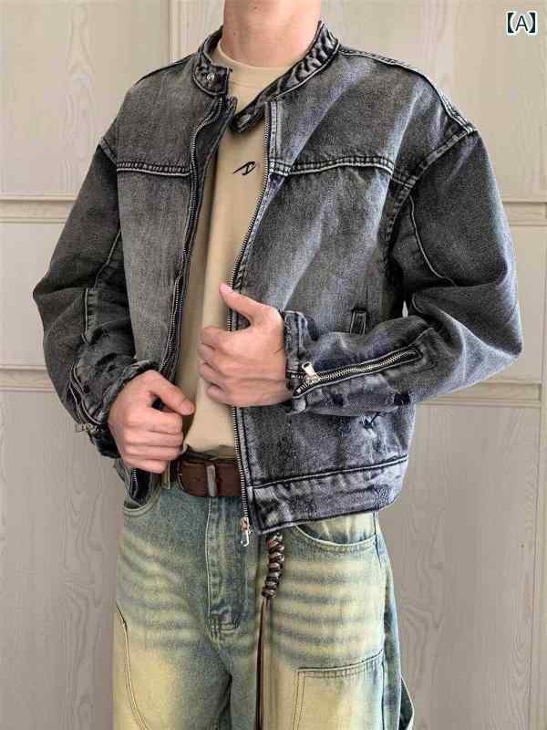 其它 衣服 - メンズ ファッション 春夏 秋冬 かっこいい オシャレ モテ 男性用 紳士服 服 韓国 シンプル 大人 レトロ　ヘビーウェイト　スタンドカラー　デニムジャケット　和　ウォッシュ　ダメージ　加工　ショート　丈　カップル　トップス