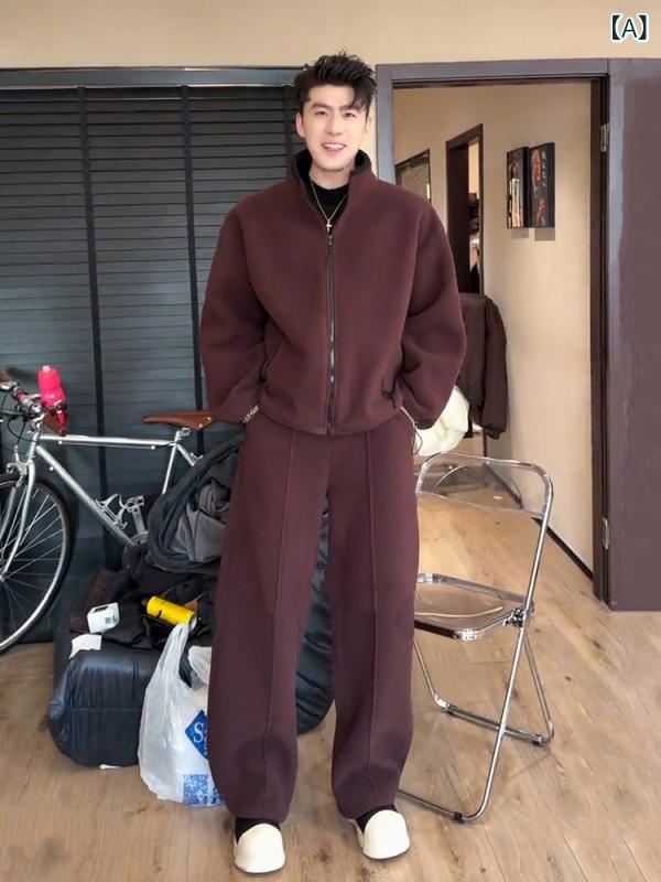 Rakuten - メンズ ファッション 春夏 秋冬 かっこいい オシャレ モテ 男性用 紳士服 服 韓国 シンプル 大人 クール　スタイリッシュ　服装　両面　フリース　スタンドカラー　スウェットシャツ　スウェットパンツ　厚手　暖かい　セット
