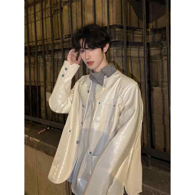 メンズ ファッション 春夏 秋 冬 かっこいい オシャレ モテ 男性用 紳士服 服 韓国 シンプル 大人 男女兼用 白 ターコイズブルー レザージャケット 外観 フレンチ カラー レス コート