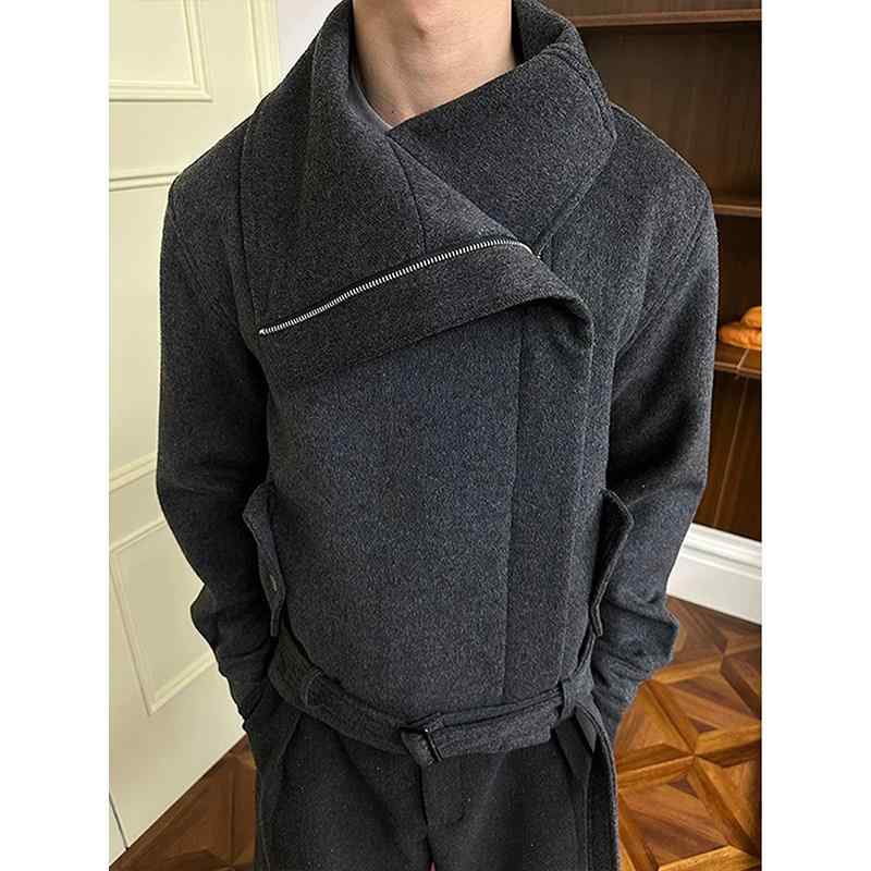メンズ ファッション 春夏 秋 冬 かっこいい オシャレ モテ 男性用 紳士服 服 韓国 シンプル 大人 ショルダーストラップ ブラック グレー オーバー サイズ ウール ジャケット 斜め ジッパー スタイリッシュショート コート