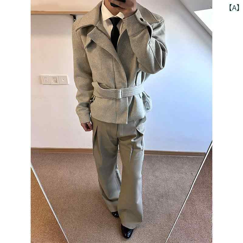 メンズ ファッション 春夏 秋冬 かっこいい オシャレ モテ 男性用 紳士服 服 韓国 シンプル 大人 レトロ　グレー　ストレート　ショルダー　4　J　レースアップ　ウール　ジャケット　ショート　丈　　トレンチコート