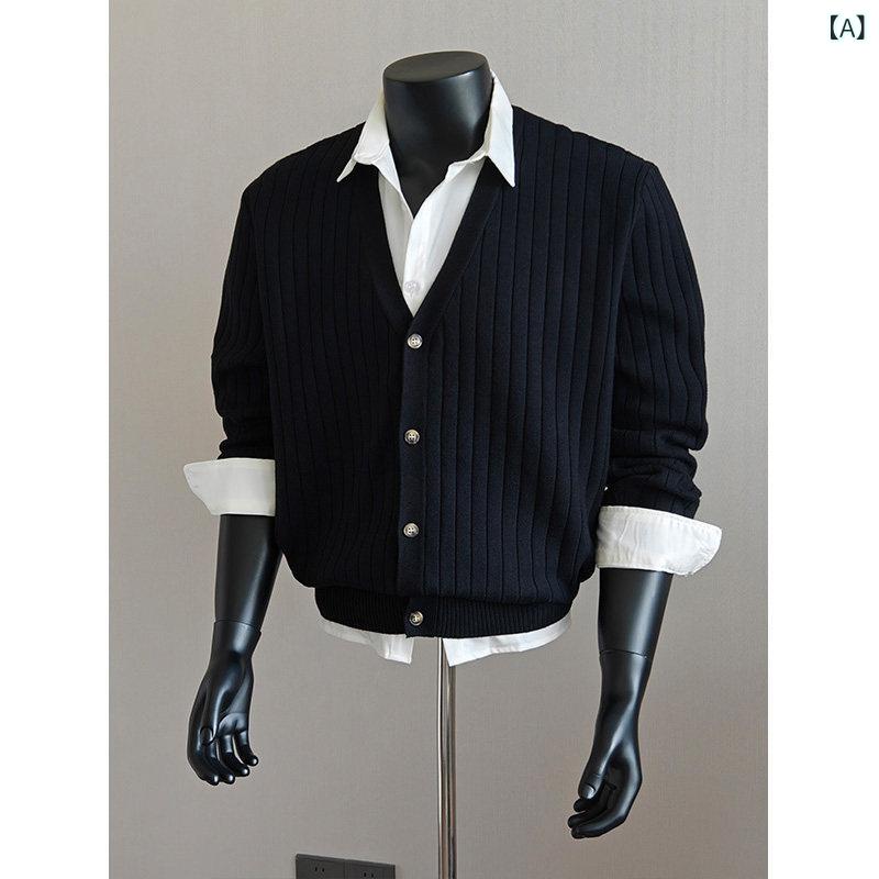 メンズ ファッション 春夏 秋冬 かっこいい オシャレ モテ 男性用 紳士服 服 韓国 シンプル 大人 レトロ　　ストライプ　Vネック　ニッ..