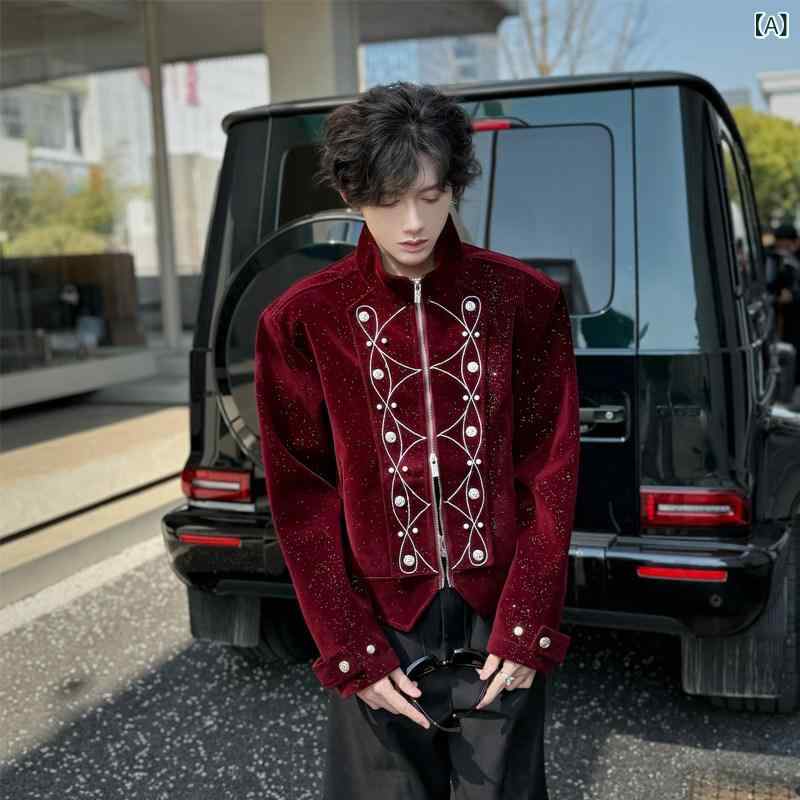 樂天商城 - メンズ ファッション 春夏 秋冬 かっこいい オシャレ モテ 男性用 紳士服 服 韓国 シンプル 大人 星空　レッド　　ショルダー　ショート　ジャケット　ハイエンド　着用