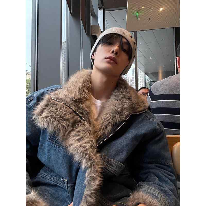 メンズ ファッション 春夏 秋 冬 かっこいい オシャレ モテ 男性用 紳士服 服 韓国 シンプル 大人 アメリカン レトロ デニムコート 山型 厚手 暖かい ファーカラー ショート