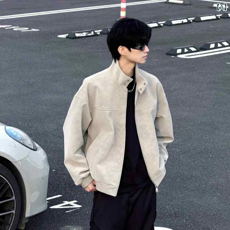 メンズ ファッション 春夏 秋冬 かっこいい オシャレ モテ 男性用 紳士服 服 韓国 シンプル 大人 グレー タイダイ柄 レザージャケット コットン コート 冬用 ボックス スタンドカラー モーター サイクル ジャケット フリース 厚手 暖かい