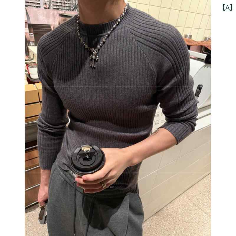 Knit Sweater - メンズ ファッション 春夏 秋冬 かっこいい オシャレ モテ 男性用 紳士服 服 韓国 シンプル 大人 　黒　リブ　編み　クルー　ネック　セーター　厚手　スリムフィット　冬用　暖かい　長袖　トップス