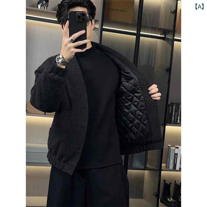 メンズ ファッション 春夏 秋冬 かっこいい オシャレ モテ 男性用 紳士服 服 韓国 シンプル 大人 ブラック ウール コート 厚手 冬用中綿 ジャケット 大人っぽくて 安定感 襟し ショート 丈中綿