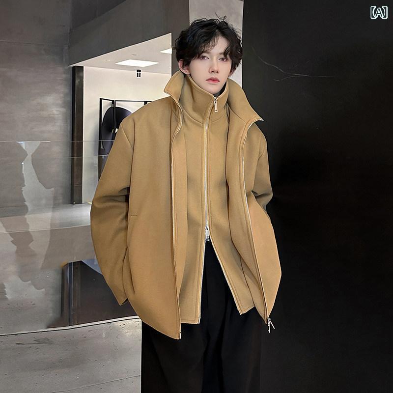 メンズ ファッション 春夏 秋冬 かっこいい オシャレ モテ 男性用 紳士服 服 韓国 シンプル 大人 ショート フェイク ツーピース スタンドカラー ウール コート ハイエンド スタイリッシュ パッド 入り 厚手 トレンチコート