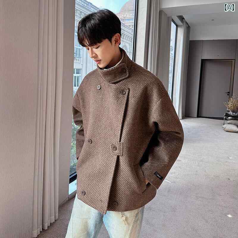 メンズ ファッション 春夏 秋冬 かっこいい オシャレ モテ 男性用 紳士服 服 韓国 シンプル 大人 軽量 紳士服 ブラウン 色 ダブルブレスト ツイード トレンチコート スタンドカラー ショート ウール ジャケット コート