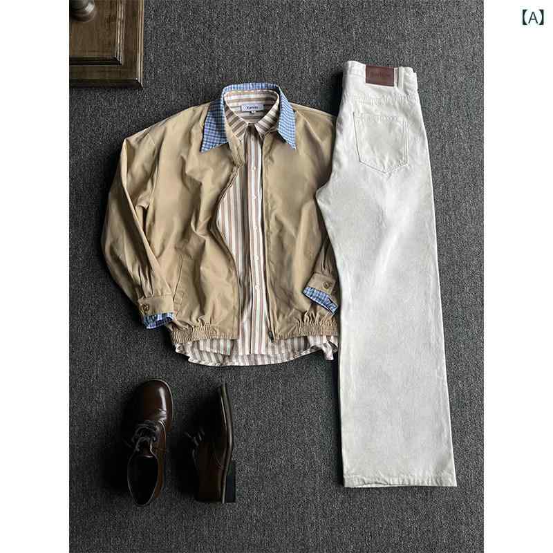 メンズ ファッション 春夏 秋冬 かっこいい オシャレ モテ 男性用 紳士服 服 韓国 シンプル 大人 フェイク　ツーピース　ショート　ハリントン　ジャケット　カーキ　プレッピー　ベースボール